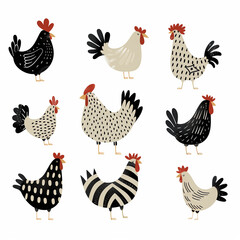 Colorful stylized chickens with various patterns and designs.
