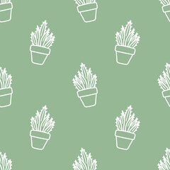 Seamless patterns of Cactus cartoon outline doodle on green background, Vector.