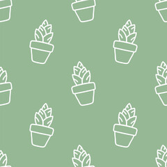 Seamless patterns of Cactus cartoon outline doodle on green background, Vector.