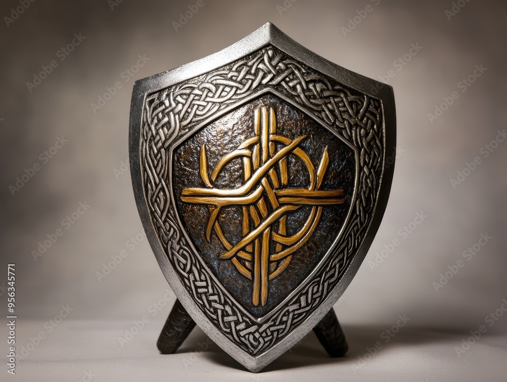 Wall mural intricately designed medieval shield with celtic knotwork and golden cross on display