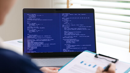 Smart AI cyber bot deep tech tools help write BI prompt code screen. Asia people asian IT woman typing busy work on predict big data mining center office reskill upskill STEM expert skill job course.