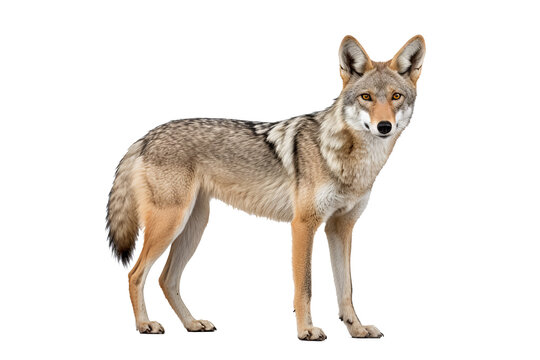 Realistic PNG of a coyote standing alert with transparent background for easy integration into designs