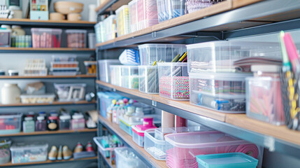 Medium close-up of a craft room with supplies stored in clear bins, organized by color and type, on shelves.
