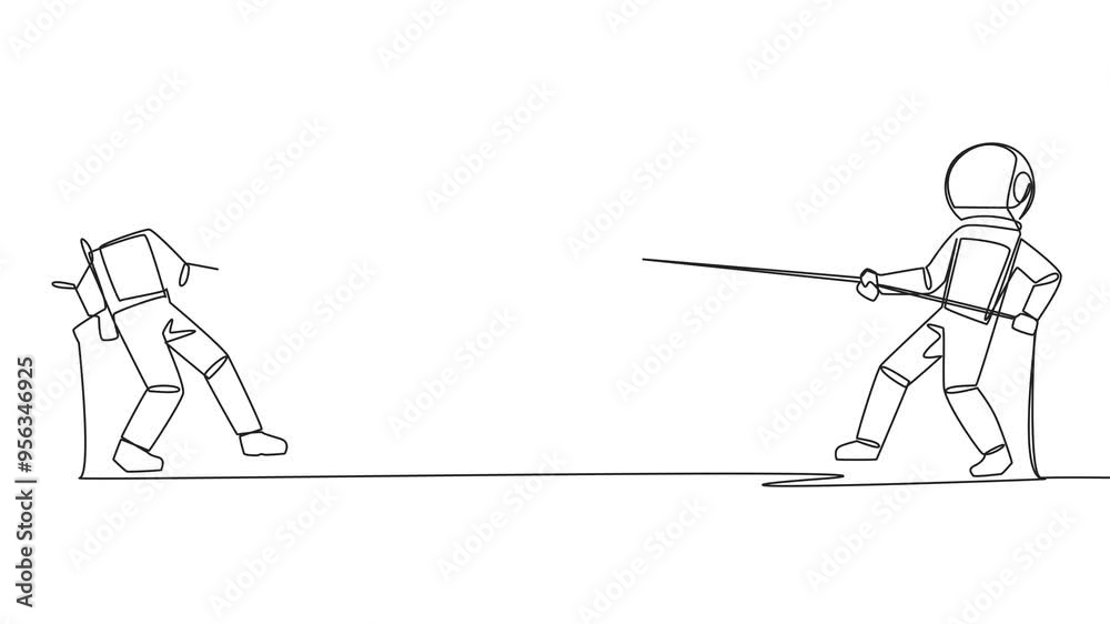 Poster self drawing animation of single continuous line drawing two astronauts fighting over a coin with a 