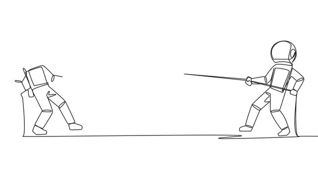 Self drawing animation of single continuous line drawing two astronauts fighting over a coin with a dollar symbol. Competition. Rare discovery of money on the surface of the moon. Full length animated