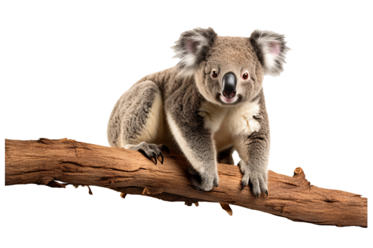 Koala bear in a seated position with detailed fur texture on a transparent PNG background for graphic design or digital projects.