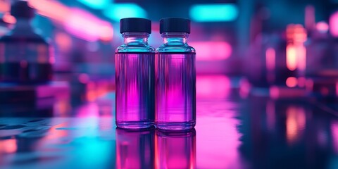 Science Vials and Cancer Cell Model on Reflective Lab Surface