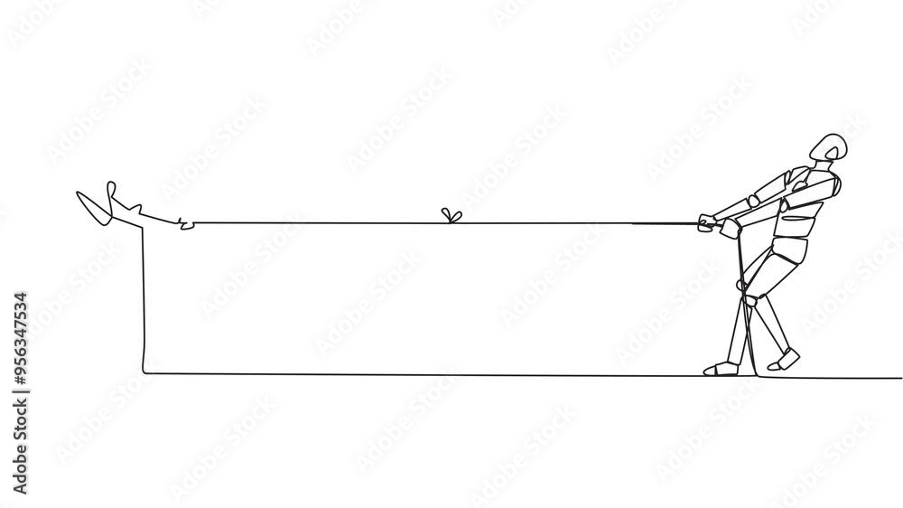 Poster animated self drawing of single one line drawing two robots pulling each other's rope. train each ot