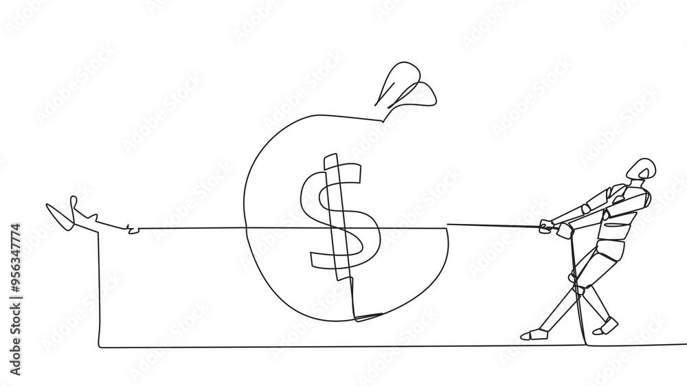 Poster self drawing animation of single continuous line drawing two robots fighting over a money bag. misun