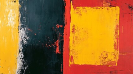 Abstract artwork featuring black, red, and yellow blocks on canvas