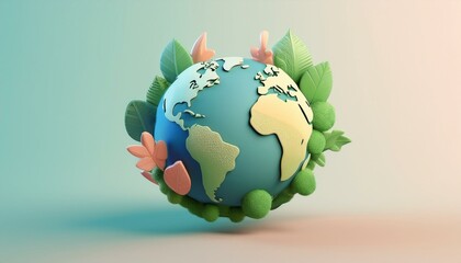 A vibrant 3D illustration of Earth surrounded by leaves and flowers, symbolizing nature and environmental awareness.