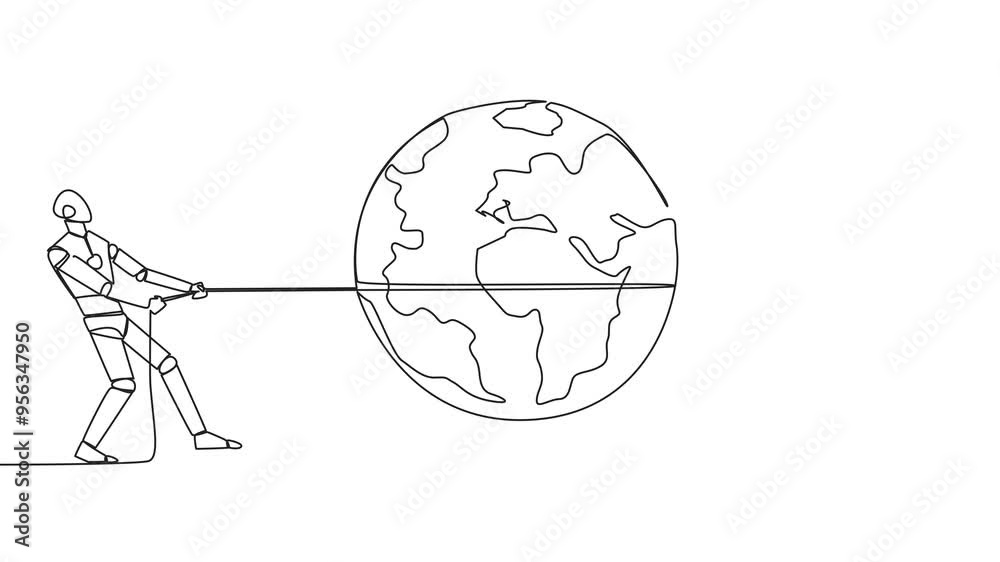 Poster self drawing animation of continuous one line drawing two robots fighting over globe. fight like a c