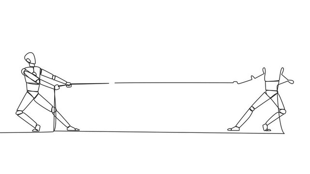 Animated self drawing of continuous one line drawing two robots fighting over a piggy bank. Competition is fierce to be able to carry out advanced artificial intelligence. Full length animation