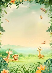 Obraz premium Two giraffes, a monkey, and birds in a lush green jungle.