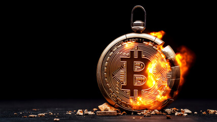 Burning Bitcoin cryptocurrency coin with watch symbolizing time and financial urgency