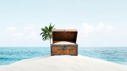 A desolate island with a single treasure chest labeled 'False Promises,' filled with sand slipping through fingers, investment traps, financial disappointment