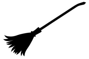 Set of silhouette of a witch's broom. Collection of broomstick from a tree for Halloween. Equipment tool for cleaning spiderweb. Vector illustration of scary accessory items.