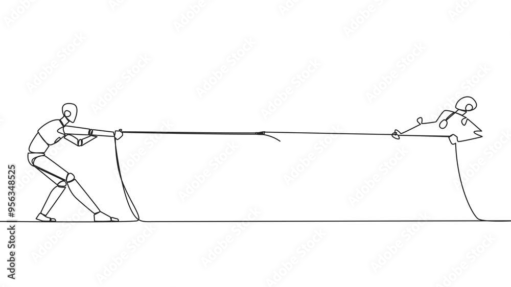 Poster self drawing animation of single one line drawing two smart robots fighting over an hourglass. beat 