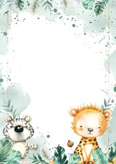 Fototapeta premium Watercolor Jungle Animals and Gold Frame Border with White Background. Template for quotes, and greetings cards