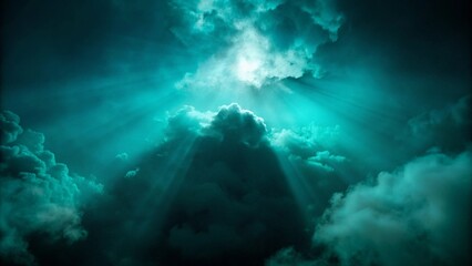 Dark background, dark clouds, light rays shining through the smoke, turquoise color, green fog
