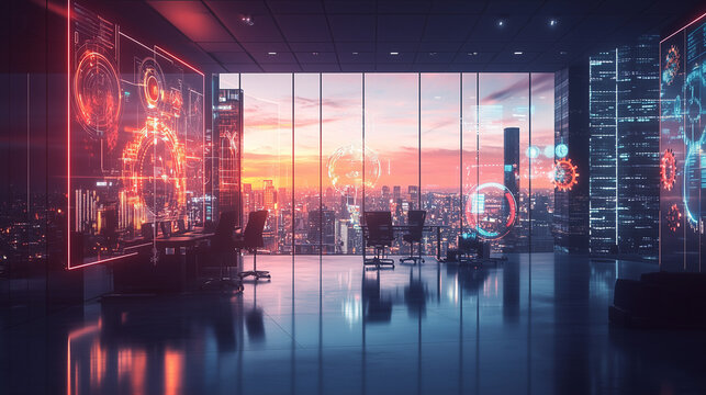 A futuristic office setting where PME leaders are collaborating with holographic interfaces displaying interconnected gears and data flows, symbolizing modern internal control systems. The room is fil