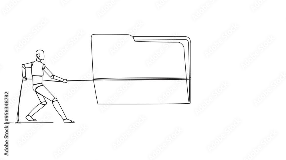 Poster self drawing animation of continuous one line drawing two smart robots fighting over document folder