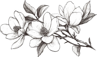 Beautiful magnolia flowers on a branch, vector illustration drawn in black ink on a white background.