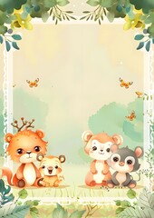 Naklejka premium Adorable cartoon animals in a forest setting with a blank frame. Template for quotes, and greetings cards
