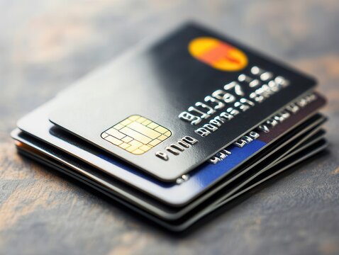 Close-up view of stacked credit cards showcasing modern design and branding on a textured surface.