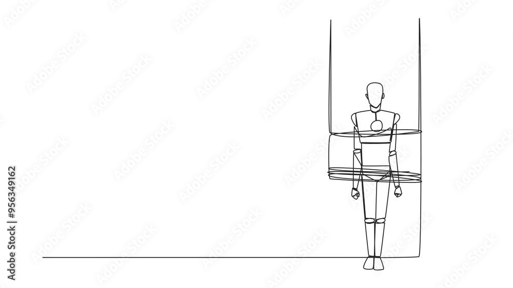 Poster animated self drawing of continuous one line drawing the robot stands, its body tied to a large colu