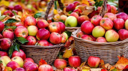 Fresh Apples in Wicker Baskets with Autumn Leaves Wicker baskets filled with red and green apples surrounded by colorful autumn leaves, depicting a fresh harvest scene.
