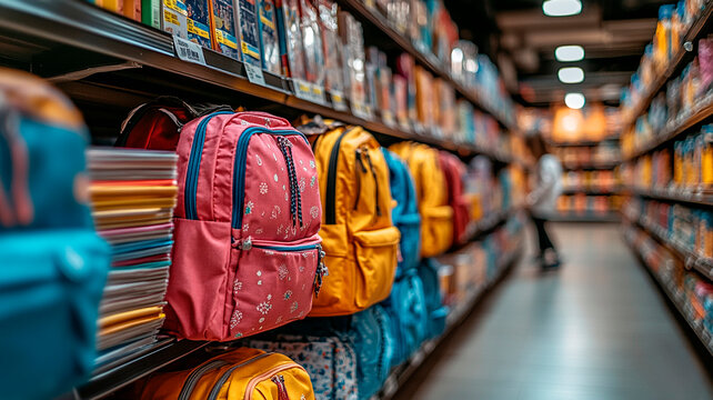 Un ajetreado pasillo de una tienda repleto de material escolar, como cuadernos, l&aacute;pices y mochilas, y ni&ntilde;os entusiasmados eligiendo sus art&iacute;culos con sus padres.