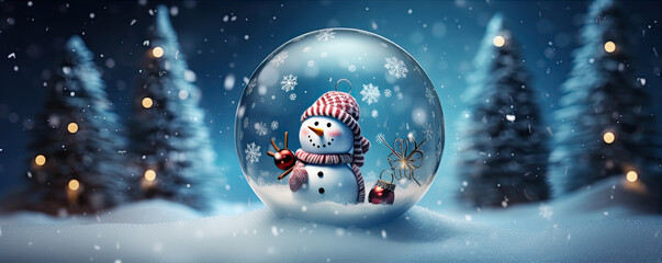 Fototapeta premium Happy snow man in christ mass ball. Christmass concept wide banner. Snow and flakes against blur forest