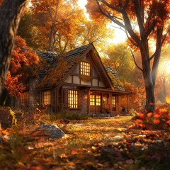 This image portrays a quaint cottage nestled among autumn trees with colorful foliage