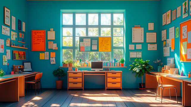 Un profesor dedicado a decorar y organizar el aula antes del primer d&iacute;a de clase, colocando carteles, ordenando los pupitres y colocando el material.
