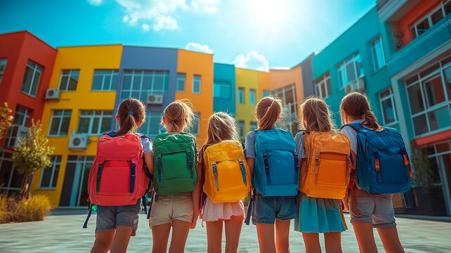 Un grupo de alegres ni&ntilde;os de primaria con mochilas de colores, de pie delante de un vibrante edificio escolar, con el sol brillando intensamente y un cielo azul despejado.