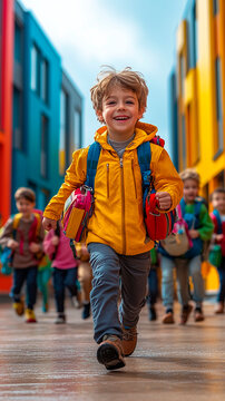 Un grupo de ni&ntilde;os de primaria corren entusiasmados hacia un colorido edificio escolar con mochilas y fiambreras, bajo un brillante cielo matutino. 