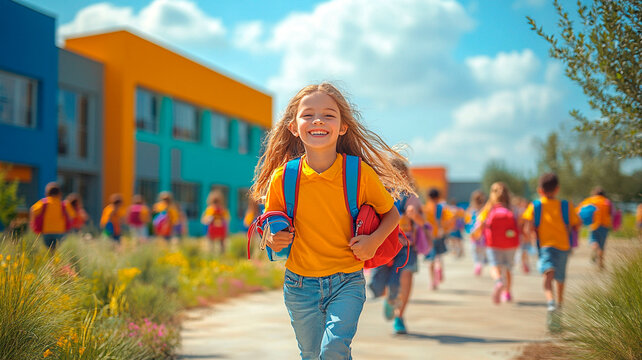 Un grupo de ni&ntilde;os de primaria corren entusiasmados hacia un colorido edificio escolar con mochilas y fiambreras, bajo un brillante cielo matutino. 