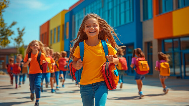 Un grupo de ni&ntilde;os de primaria corren entusiasmados hacia un colorido edificio escolar con mochilas y fiambreras, bajo un brillante cielo matutino. 