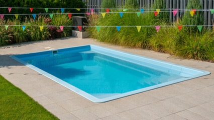 Private backyard swimming pool with colorful flags.