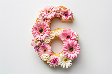 A cake, decorated with pastel frosting and vibrant, fresh flowers, formed into the numeral six. Capturing its decorative and celebratory design.