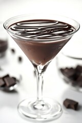 Chocolate Martini Cocktail with Chocolate Swirl Garnish on a White Background, Isolated