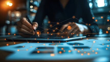 A person engages in digital analysis, using a tablet and data visualization graphics for productivity and modern technology