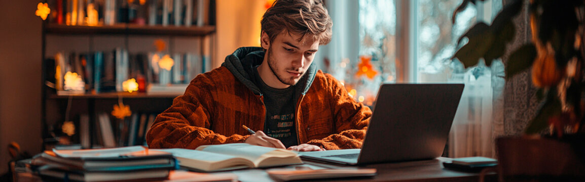 Un estudiante sentado en un escritorio lleno de libros de texto, cuadernos y un ordenador port&aacute;til, estudiando concentrado en una habitaci&oacute;n bien iluminada con decoraci&oacute;n oto&ntilde;al.