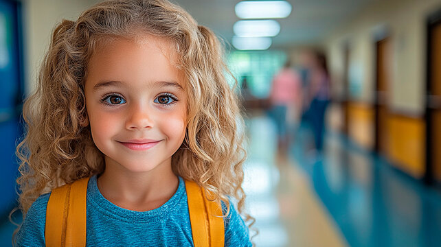 Un ni&ntilde;o peque&ntilde;o cogido de la mano de sus padres el primer d&iacute;a de colegio, frente a la puerta de un aula acogedora en la que le espera un amable profesor.
