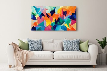 Modern living room with a white sofa, multicolored pillows, and floor lamp next to a gray wall with a suprematism art frame. Scandinavian interior design of the room.
