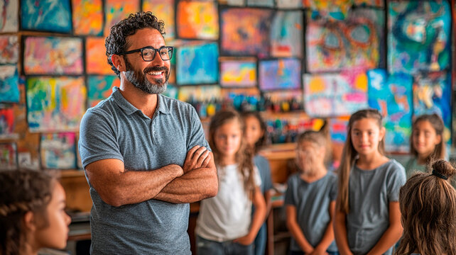Una en&eacute;rgica aula de arte con alumnos pintando, dibujando y esculpiendo, coloridas obras expuestas en las paredes y un entusiasta profesor de arte dando instrucciones.