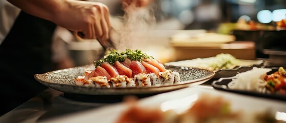 Fototapeta premium Chef Preparing Fresh Sushi in a Modern Restaurant Kitchen with Steaming Ingredients