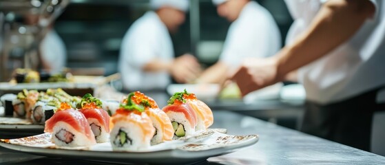 Fresh Sushi Rolls on a Plate in a Professional Kitchen with Chefs Preparing Food in the Background