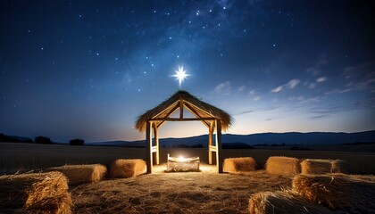 Manger Under the Starlight
A minimalist setting with the manger placed in an open field under the vast night sky.